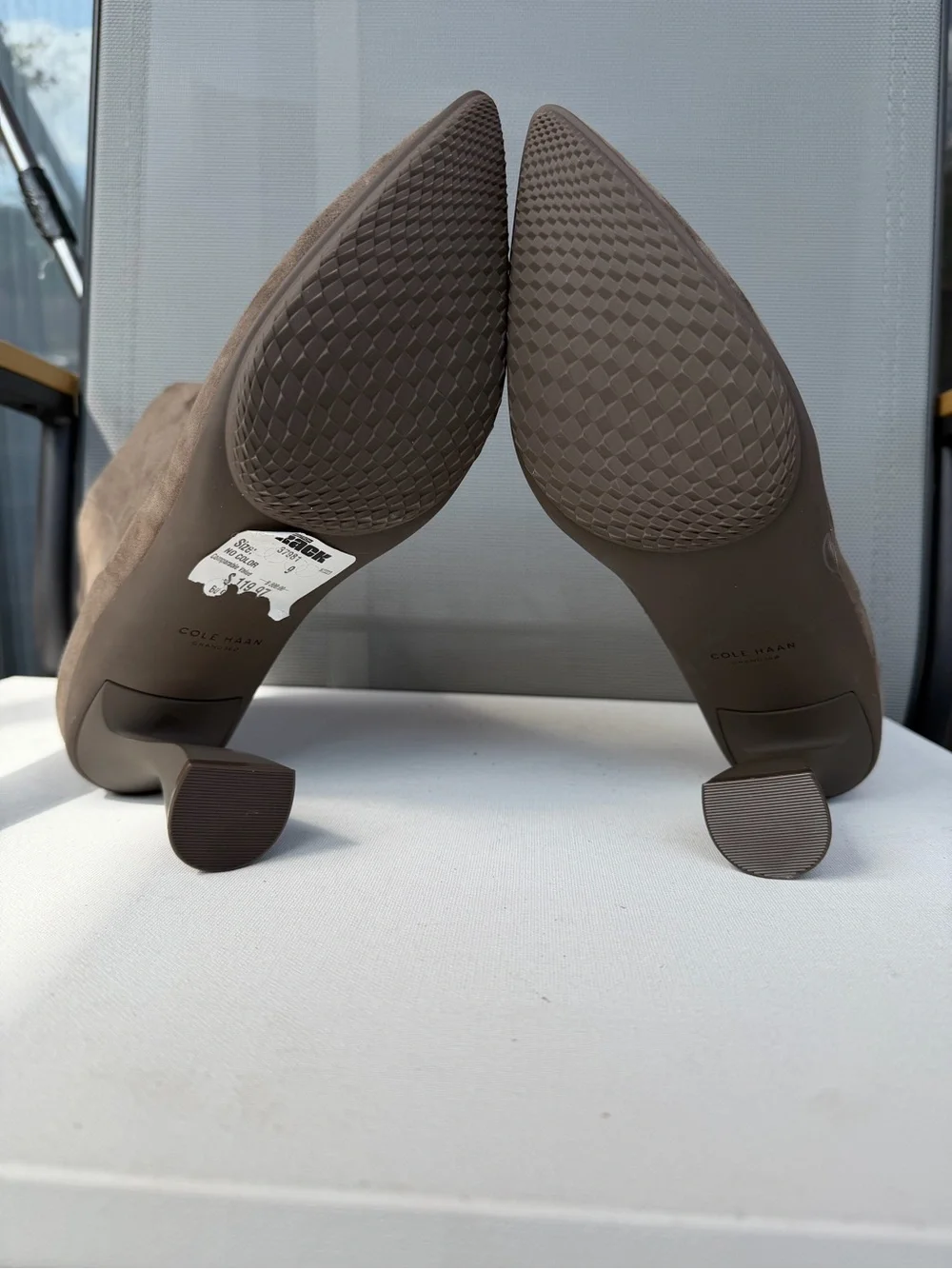 Cole Haan Grand.360 Suede Ankle Boots Taupe Sculptural Heel Pointed Toe Size 9B